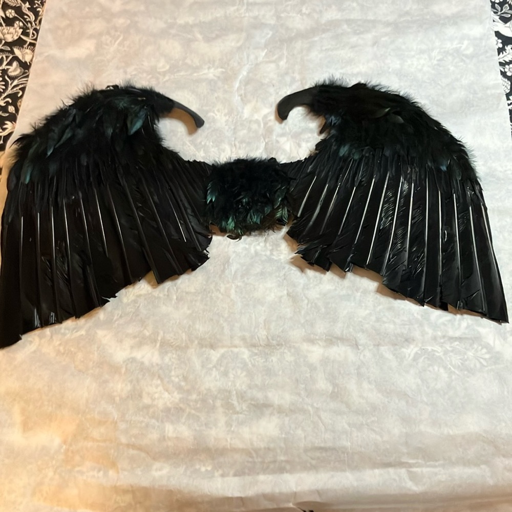 Black feathered wings and feathered neck/shoulder capes